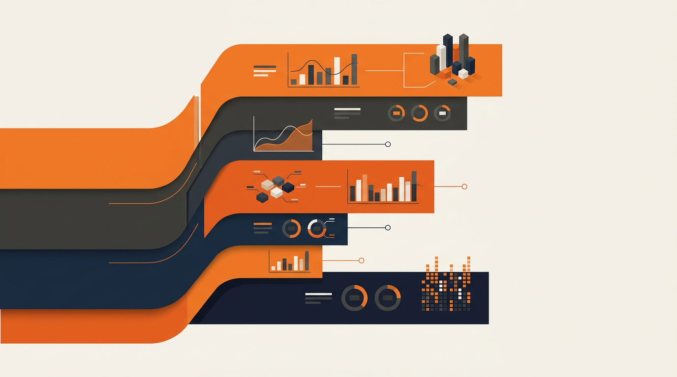 Illustration éditoriale en bandes orange et anthracite formant un E pour illustrer le pilotage par tableaux de bord business