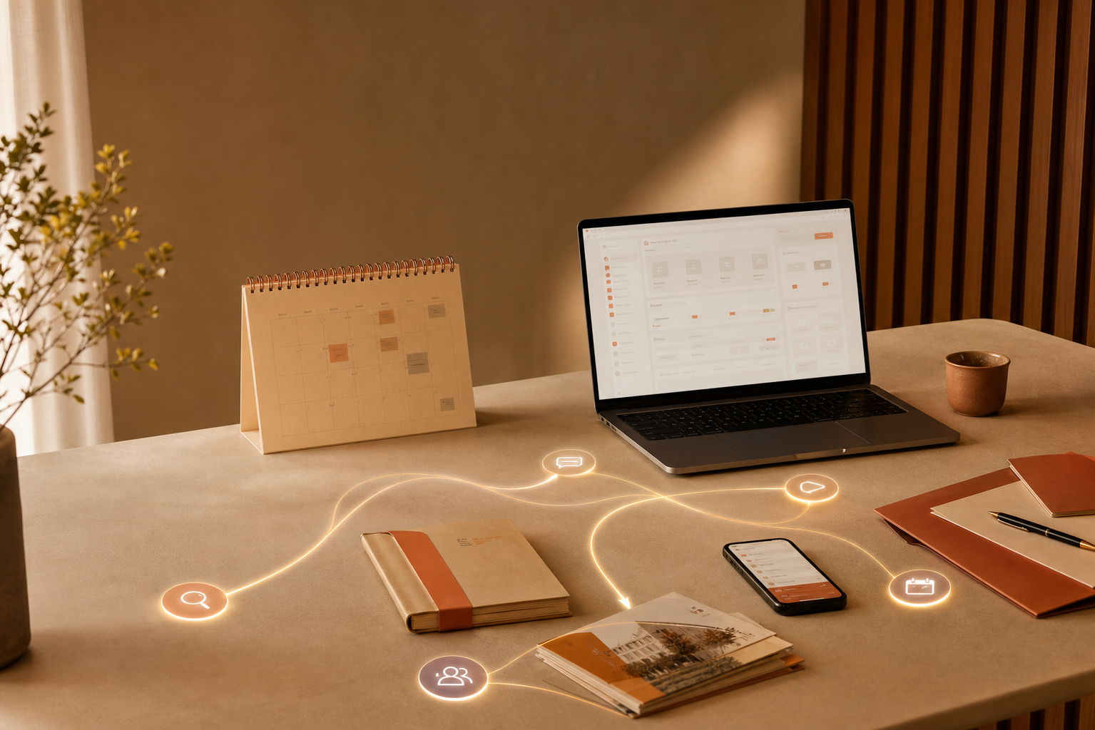Bureau avec ordinateur portable, smartphone, agenda et carnets reliés par des icônes lumineuses de communication et de calendrier