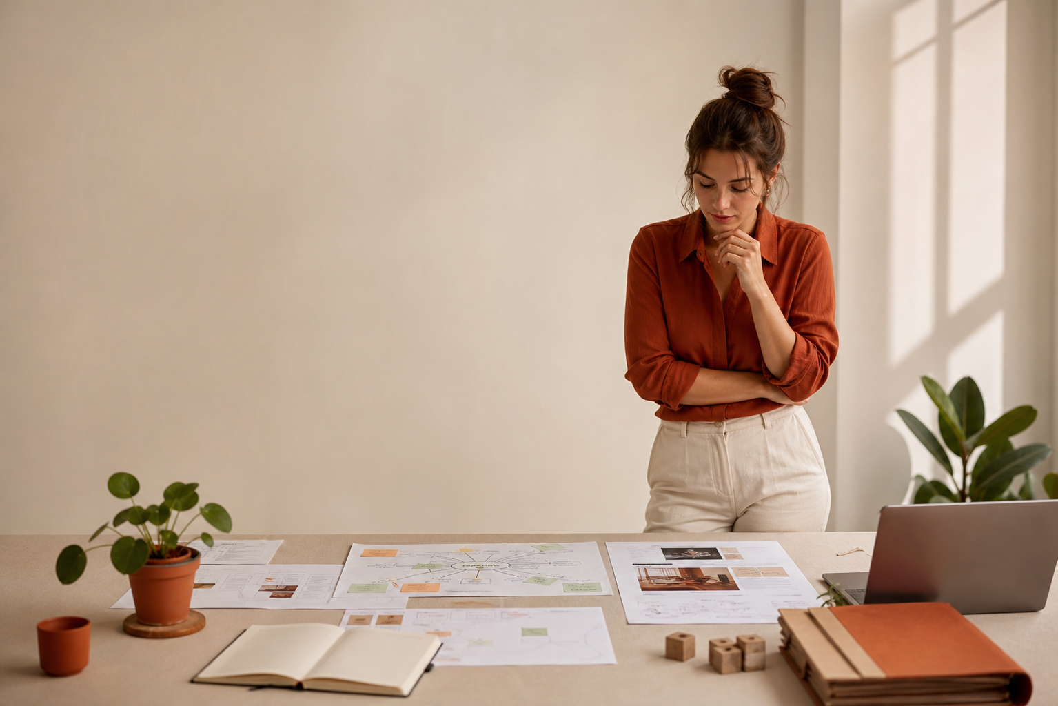 Femme réfléchissant devant des plans et maquettes sur une table de travail