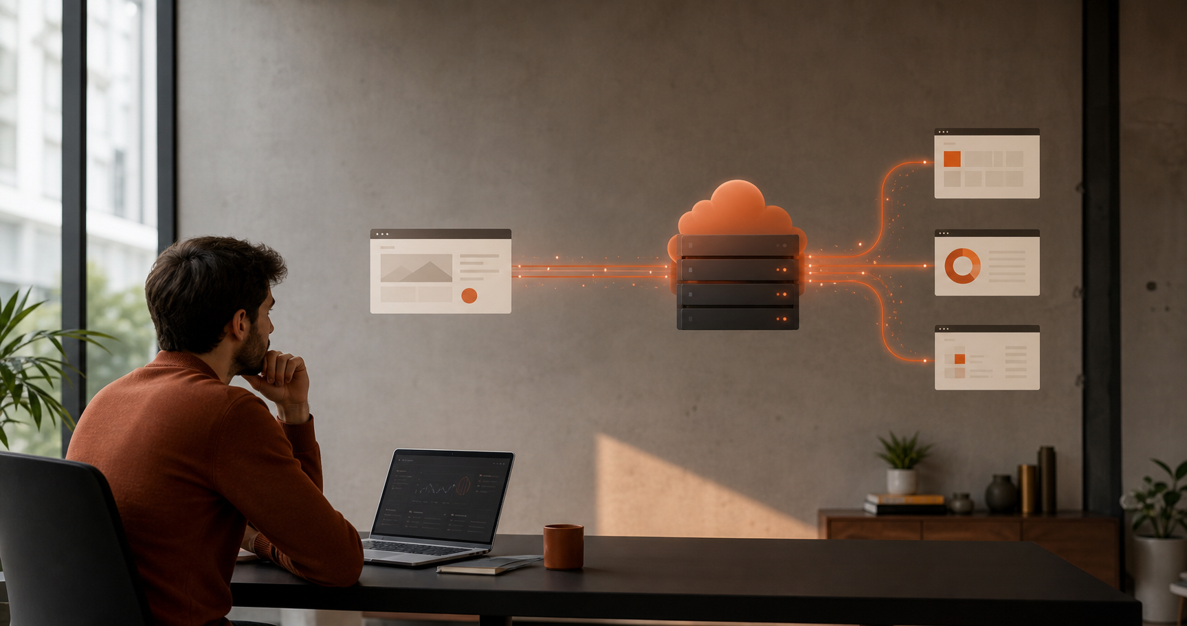 Schéma de cloud computing reliant une interface web à plusieurs tableaux de bord et serveurs