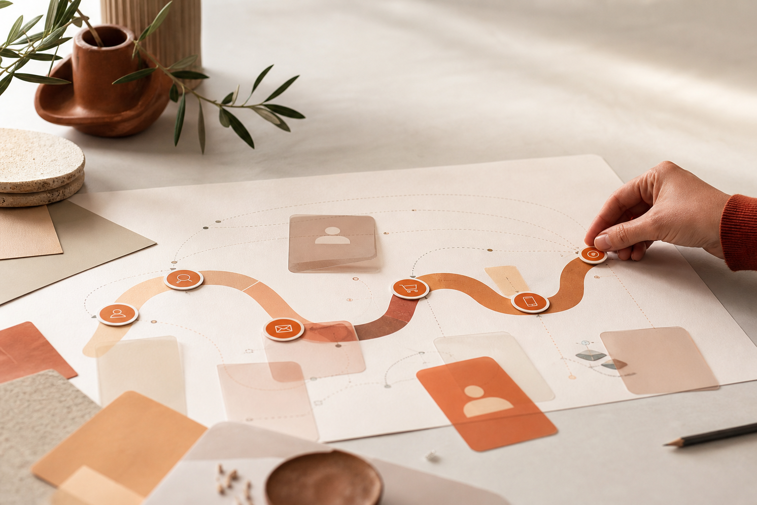 Schéma de parcours client avec étapes de contact, achat et mobile, manipulé à la main
