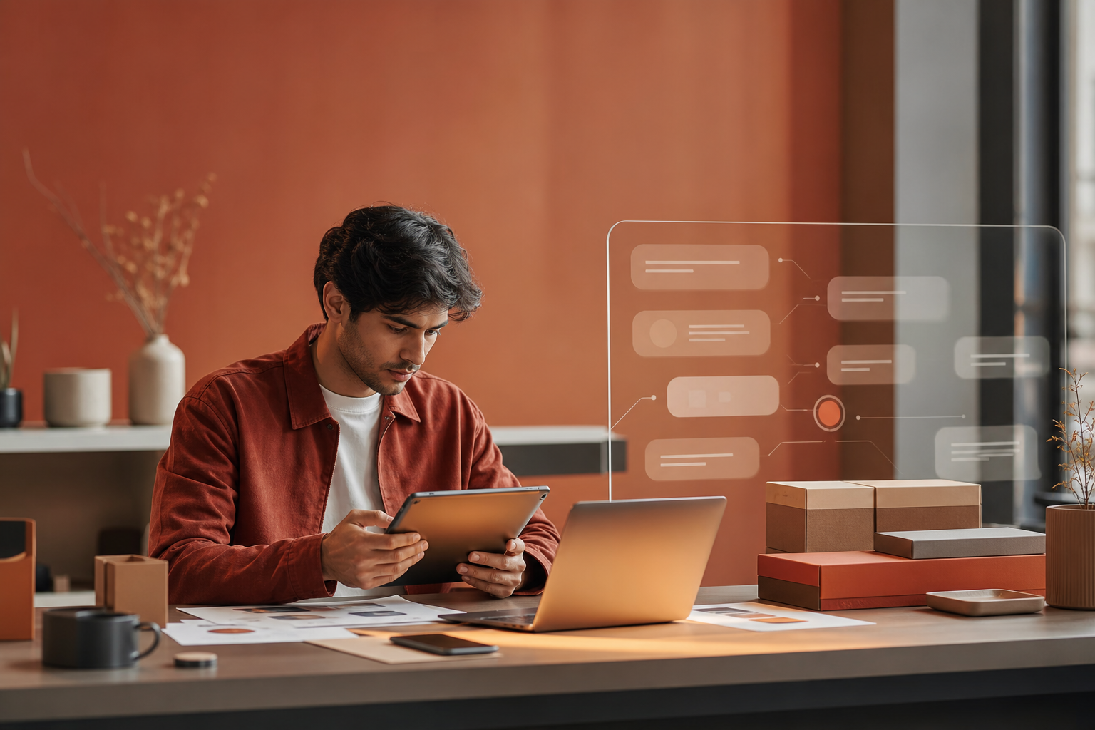 Un homme consulte une tablette à son bureau, avec un ordinateur portable et des colis d’expédition