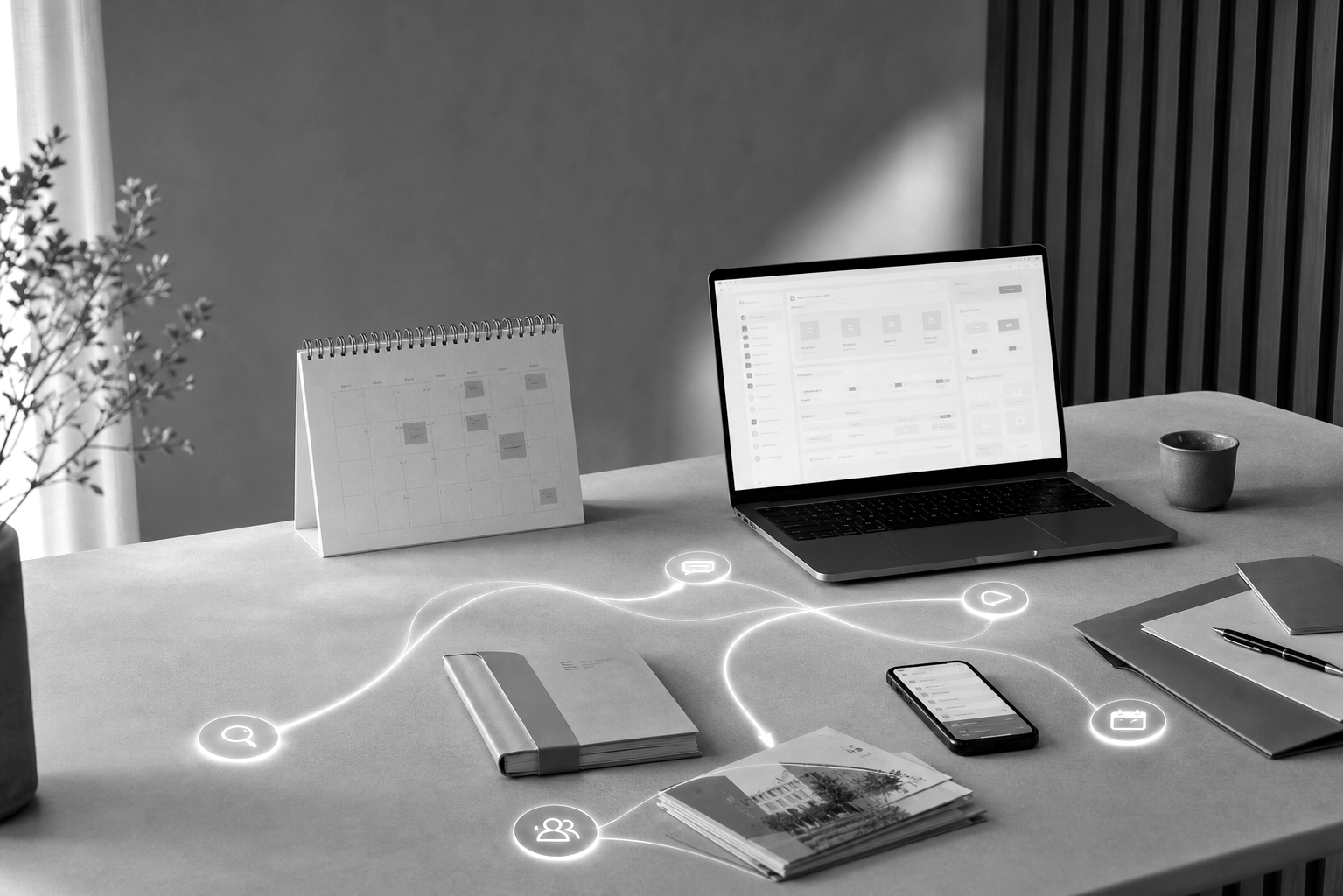 Bureau avec ordinateur portable, smartphone, agenda et carnets reliés par des icônes lumineuses de communication et de calendrier