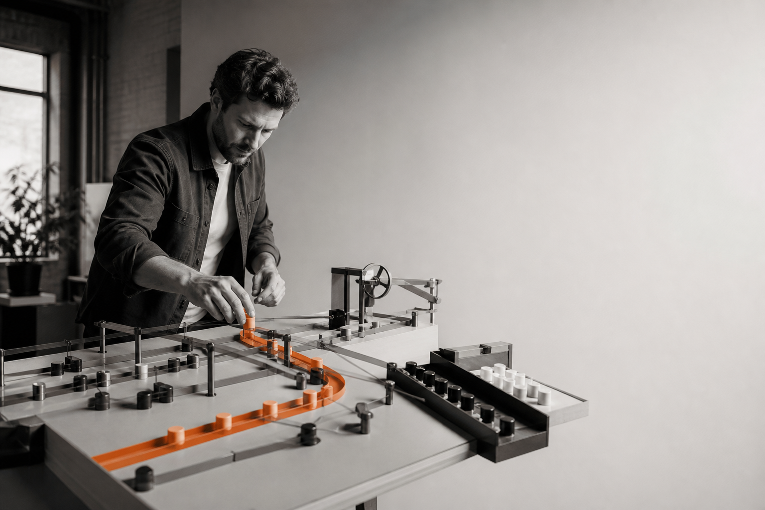 Créer une image éditoriale photographique premium représentant le pilotage des investissements média à l’ère de l’automatisation : dans un espace d’agence de marketing digital sobre et contemporain, une personne en tenue urbaine casual dispose et contrôle une structure physique minimaliste composée de rails, de petits jetons et de chemins de décision, tandis qu’un mécanisme automatisé trie et oriente les éléments vers différentes destinations. La personne ne règle pas chaque détail : elle définit le cadre, les limites et la direction, métaphore claire de l’humain qui fixe les objectifs et les signaux pendant que les algorithmes exécutent. Faire dominer les objets réels et la scène tactile, sans accumulation d’écrans ni interfaces ; intégrer un fil conducteur orange profond ou terracotta sous forme de chemin central guidant les jetons, seul accent coloré dans une image principalement en noir et blanc. Composition minimaliste, structurée et très lisible, vue légèrement latérale, présence humaine naturelle, grande zone calme claire et peu détaillée sur un côté pour ajouter ultérieurement un titre, lumière naturelle douce et latérale, ombres délicates, contraste modéré, rendu réaliste éditorial légèrement imparfait, chaleureux malgré le filtre noir et blanc. Aucun texte lisible, aucune lettre, aucun chiffre, logo, marque, interface identifiable ou graphique fictif ; éviter les robots humanoïdes, hologrammes, néons, écrans remplis de données, flèches de croissance, pose face caméra et esthétique de banque d’images.
