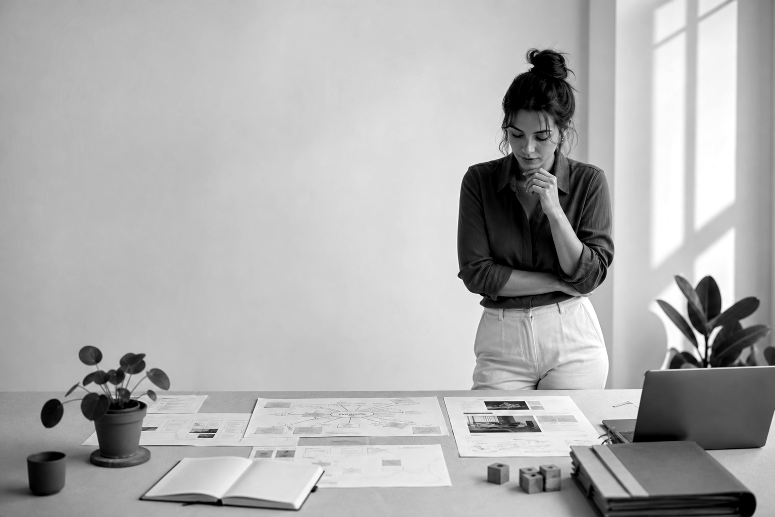 Femme réfléchissant devant des plans et maquettes sur une table de travail