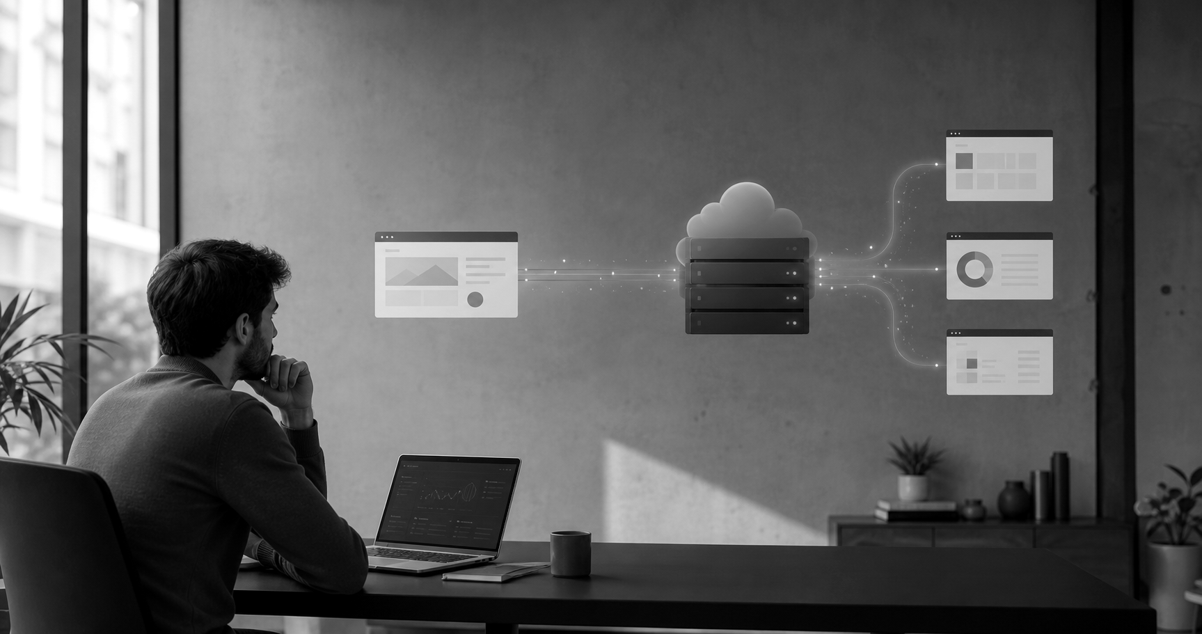 Schéma de cloud computing reliant une interface web à plusieurs tableaux de bord et serveurs