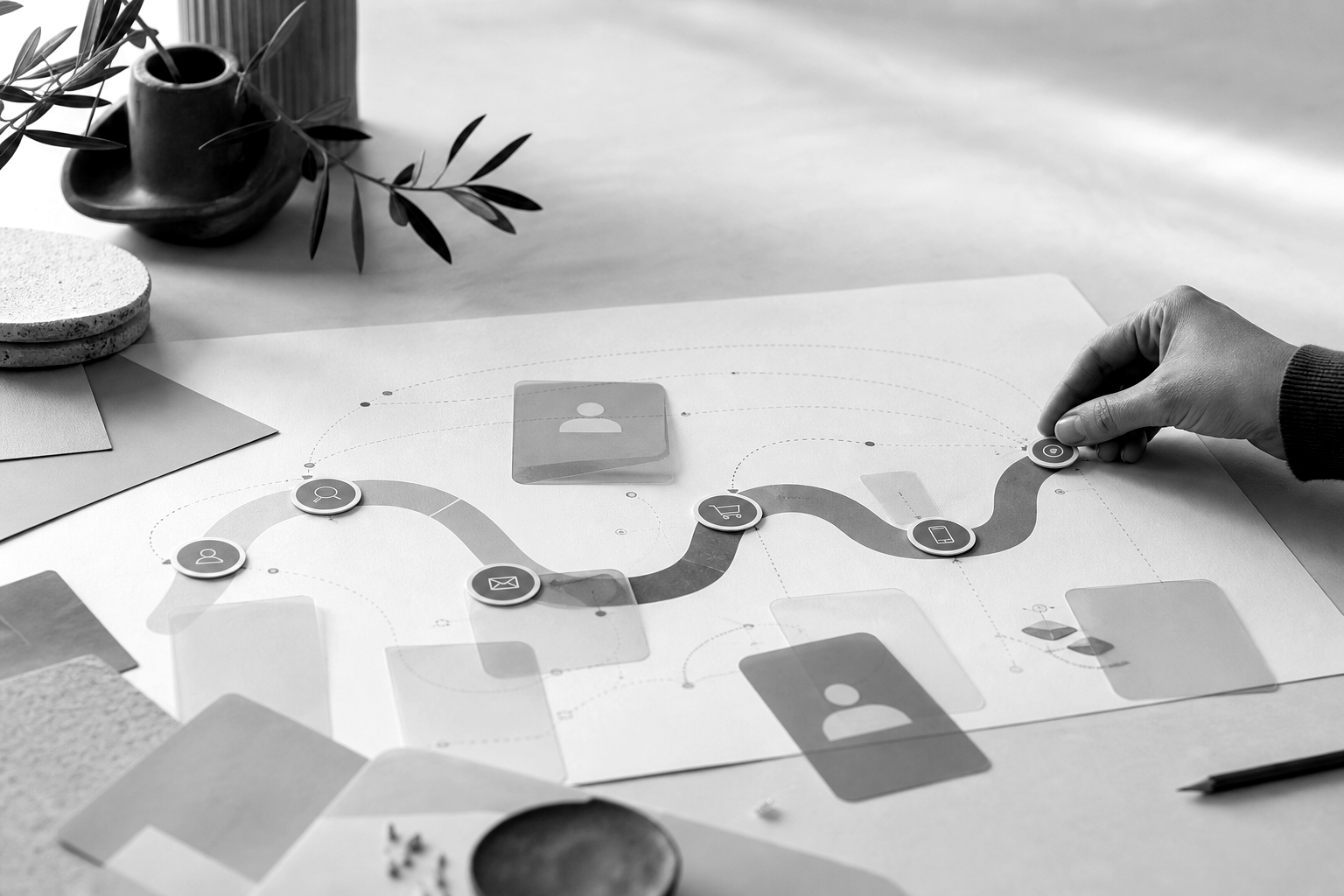 Schéma de parcours client avec étapes de contact, achat et mobile, manipulé à la main