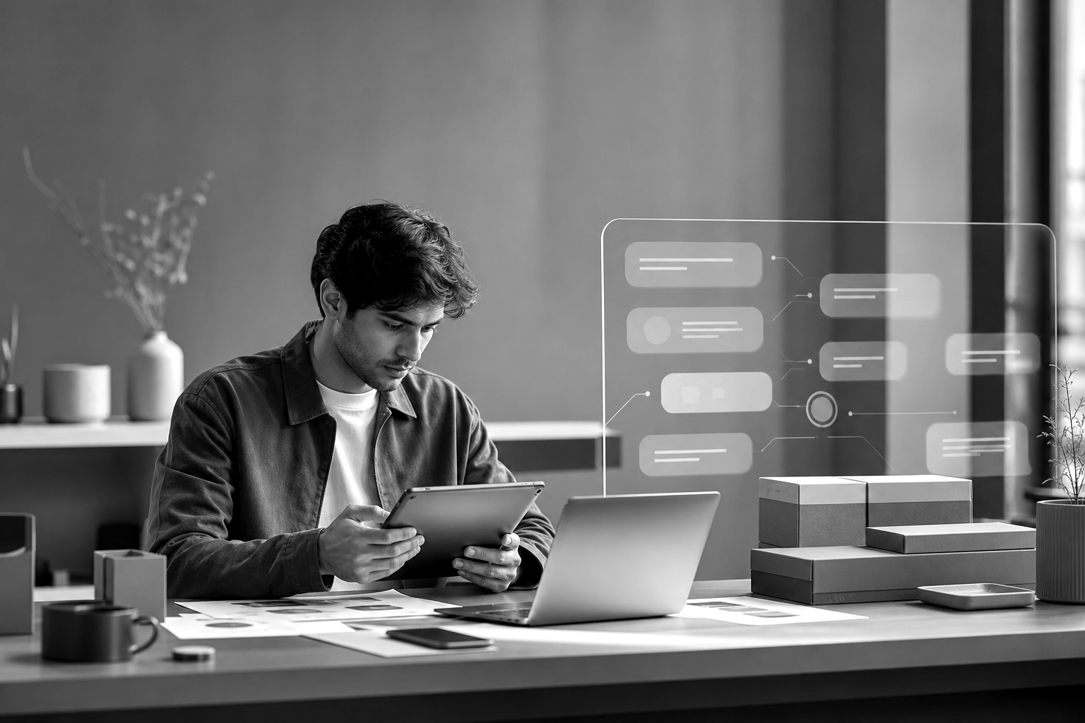 Un homme consulte une tablette à son bureau, avec un ordinateur portable et des colis d’expédition