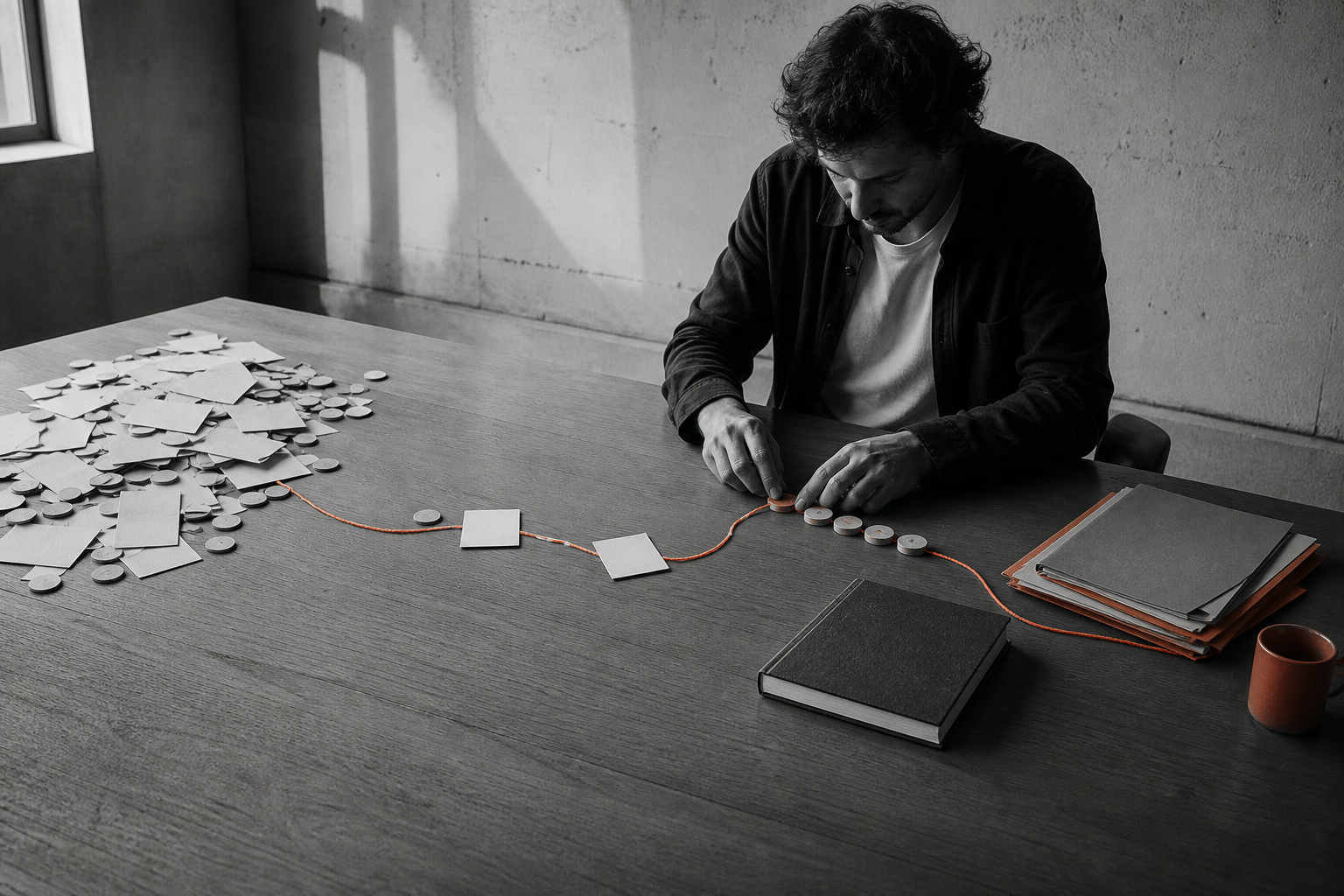 Un homme relie des pièces et des cartes par un fil orange sur une table