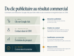Schéma des quatre étapes reliant un clic Google Ads à un résultat commercial enregistré dans le CRM.