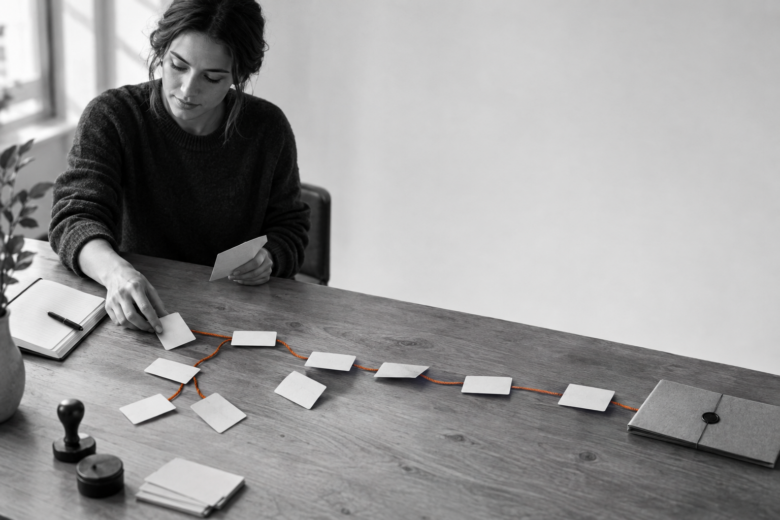 Femme disposant des cartes reliées par une ficelle orange sur une table