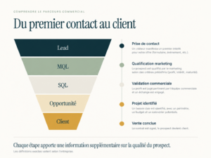 Les cinq étapes de qualification d'un prospect dans le CRM : lead, MQL, SQL, opportunité et client.